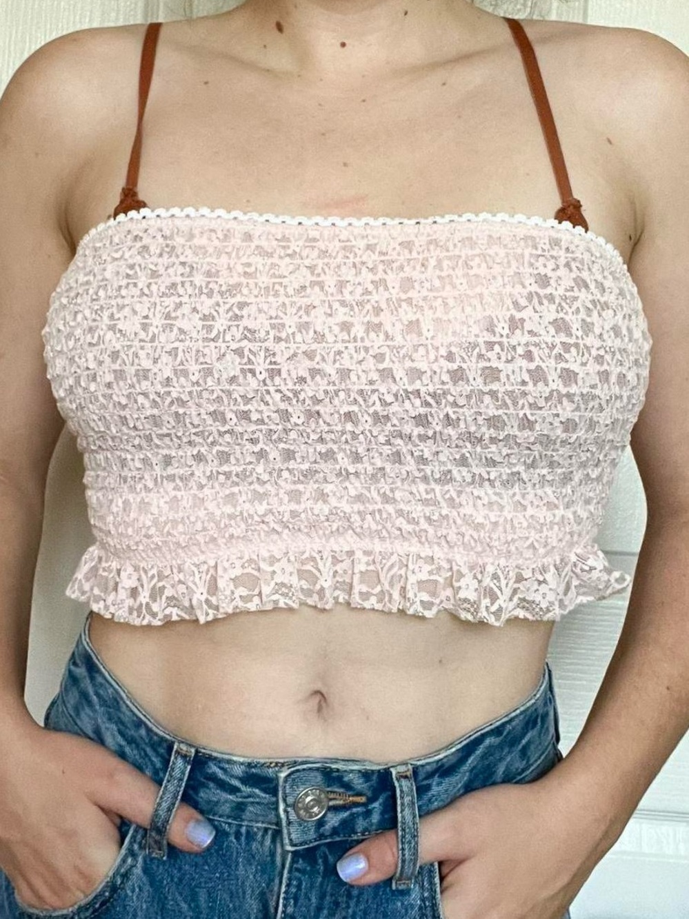Free People Smocked Lace Crop Top in Light Pink